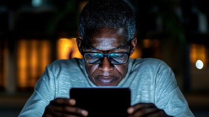 Man Using Tablet at Night  Serious  Focused  Concentrated   Digital Device   Low Light  Mo