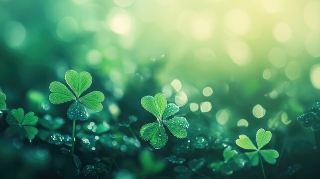 Dew-covered clover leaves in sunlit green nature background. Saint Patrick's Day, St Paddy's Day, St Patty's Day - Irish National Holiday and Cultural Celebration