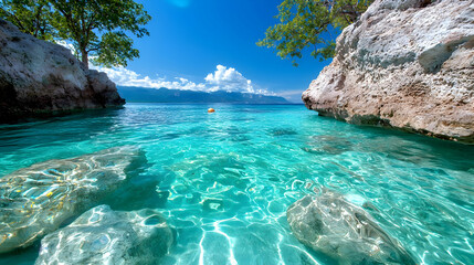 Obraz premium Crystal-clear turquoise water, rocky cove, tropical island background