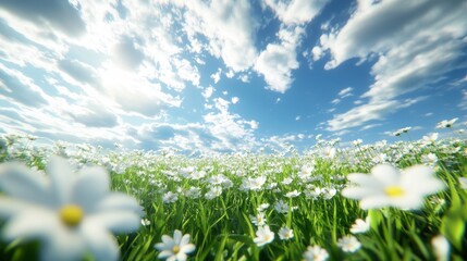Fototapeta premium Vibrant Field of Daisies Under a Bright Blue Sky With Fluffy Clouds Creating a Serene Spring Atmosphere