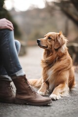 A loyal dog sitting beside its owner, resting its paw gently on their foot, showcasing their special bond.