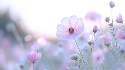 Fototapeta premium Soft pink cosmos flowers at sunset, field background, peaceful nature scene, ideal for greeting cards