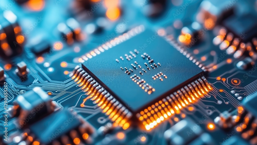Poster close-up of a computer chip on a circuit board, glowing components