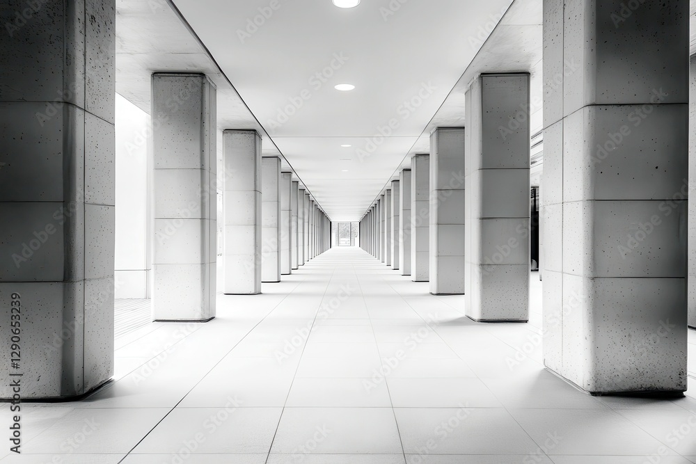 Poster modern architectural corridor featuring symmetrical concrete columns and bright overhead lighting cr
