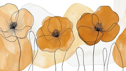 Watercolor Floral Background, Abstract Botanical Line Art, Soft Yellow, Minimalist Design