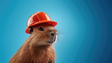 Capybara wearing orange safety helmet on blue background
