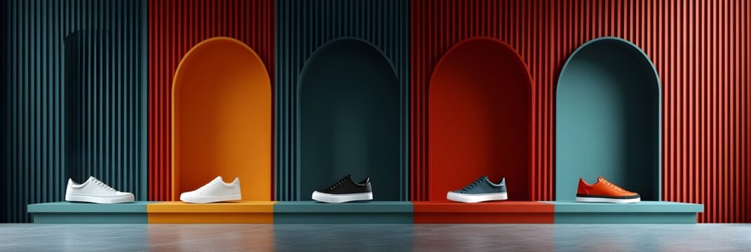 Stylish Sneakers Displayed in Colorful Arch Niches Modern Retail Background