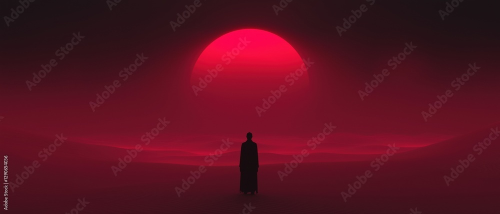 Poster digital illustration of a person standing in the middle of a desert-like landscape. the person is fa