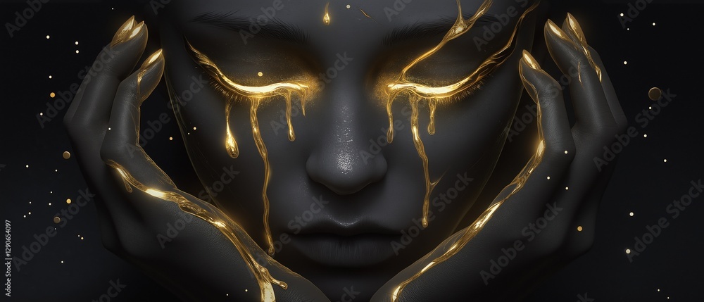 Poster digital art piece that appears to be a portrait of a woman's face. the background is black with smal