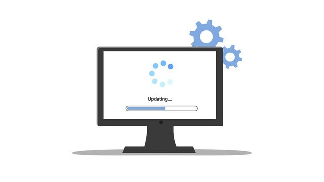System updating concept loading screen computer monitor software updating process with 4k cartoon animated white background loop backdrop