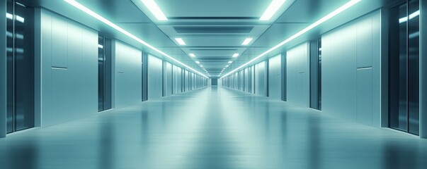 An eerie, long empty hospital corridor with sterile white walls and dim lighting, evoking a sense of isolation.