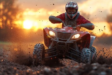 ATV rider racing at sunset, kicking up mud and dust.