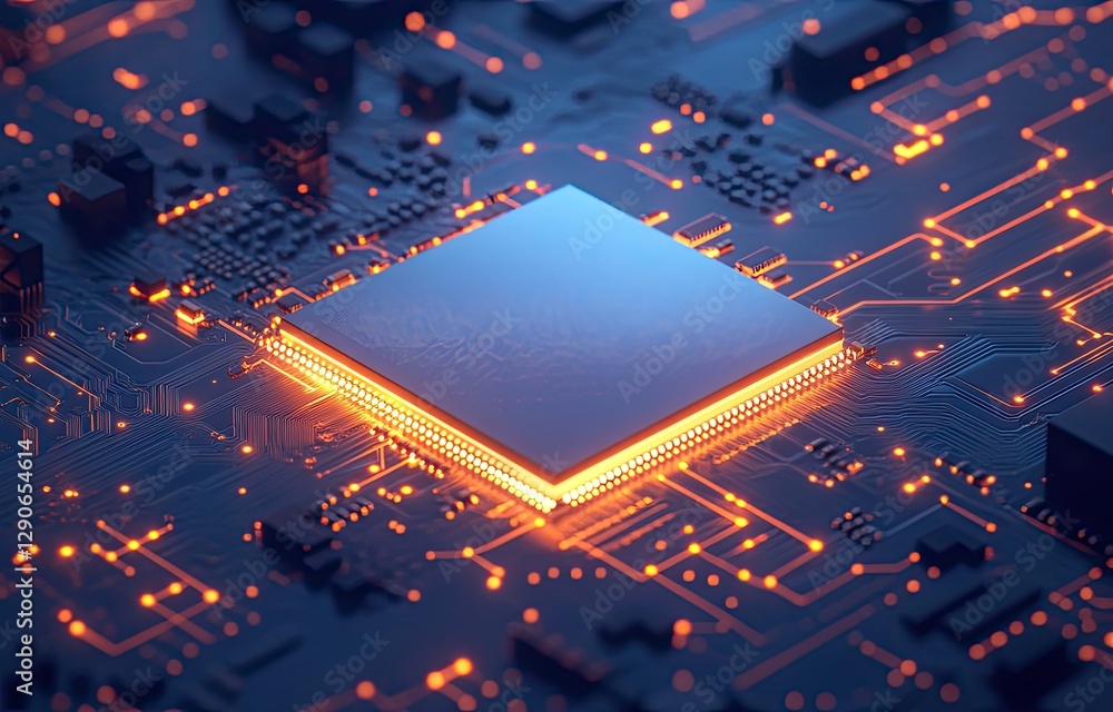Poster central processing unit on circuit board with illuminated connections