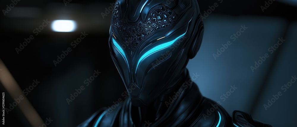 Poster close-up of a futuristic helmet with intricate designs on it. the helmet is black and has a futurist