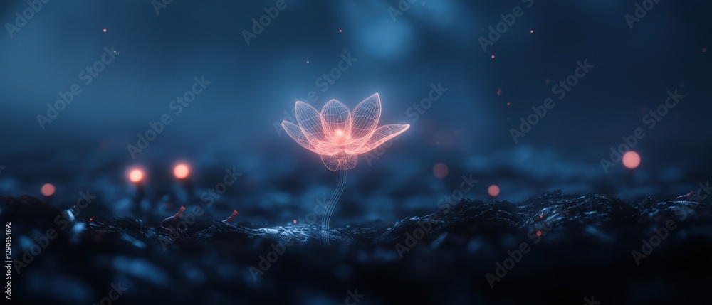 Poster digital art piece that appears to be a 3d rendering of a flower. the flower is in the center of the 