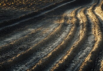 Plowed field, dirt furrows, sunlight, rural scene