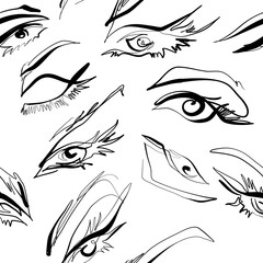 Black and white abstract female eye drawing line art seamless pattern 