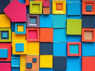 Abstract geometric pattern featuring colorful squares and rectangles with a focal blue square, design, decoration, concept