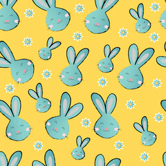 Seamless cute bunny pattern with pastel colors on a yellow background. A playful and trendy Easter design perfect for textiles, gift wrapping, children's decor, and spring-themed creative projects