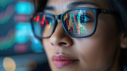 Close-up of a focused businesswoman analyzing stock market trends through glasses with colorful data reflections in a modern office setting.