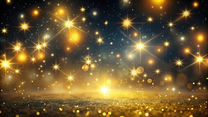 Soft yellow lights scattered across a dark celestial background, with stars twinkling in the distance, cosmos, yellow blurry lights and stars