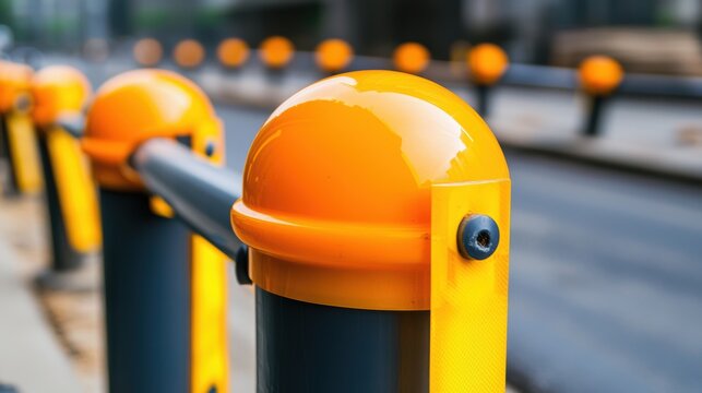 Road work signage engineering Concept. Bright yellow bollards line a street, providing safety and organization in urban areas, with a focus on their smooth, rounded tops.