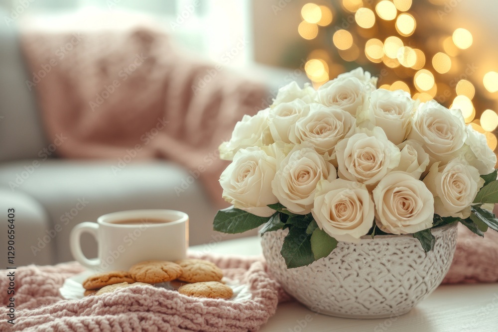 Poster a beautiful arrangement of white roses fills an exquisite bowl, resting on a plush fabric next to a 