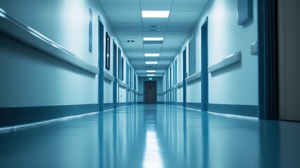 Tranquil hospital hallway bathed in soft light, embodying serenity and sterility in a healing environment.