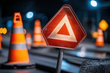 Road work signage engineering Concept. A reflective warning sign in front of orange traffic cones at night, highlighting a cautionary message for drivers.