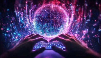 Hands typing on keyboard, glowing digital sphere, futuristic background