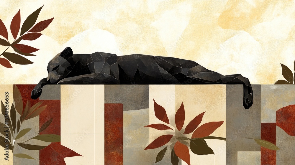 Aufkleber abstract geometric black cat resting with foliage on patterned background