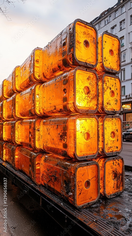 Poster road work signage engineering concept. a stack of large, translucent amber blocks, illuminated from 