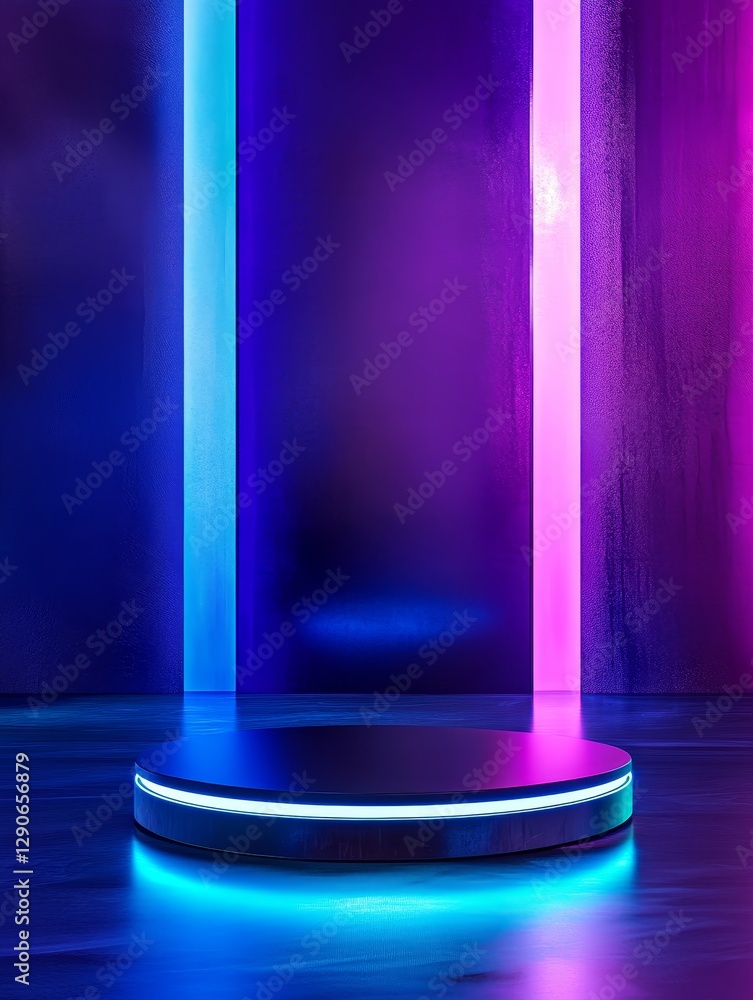 Poster vibrant neon archway with glowing lights and reflective floor in a darkened space, creating a captiv