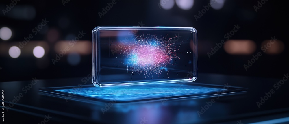 Poster smartphone with a futuristic design on the screen. the phone is placed on a black surface with a blu