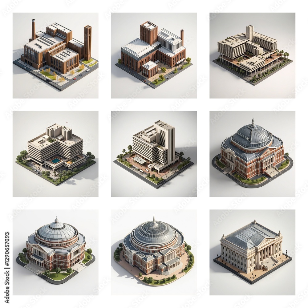 Poster famous building landmark collection showcasing diverse architectural styles. isometric views of vari