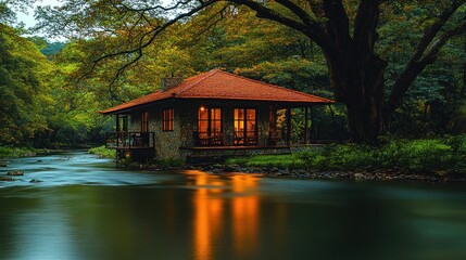 Obraz premium Rustic cabin riverside at twilight
