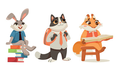 Animals Students at School Studying Having Lesson Vector Set