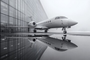 Elegant private jet reflecting in the misty airport runway at dawn. Generative AI