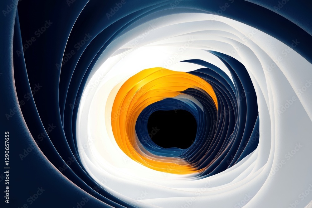 Poster abstract swirling shapes in deep blue, white, and bright orange colors creating a mesmerizing tunnel
