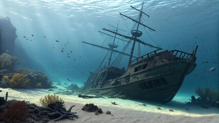 Sunken Shipwreck Resting on the Ocean Floor with Marine Life, Generative AI