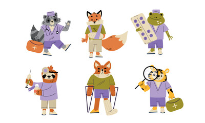 Fototapeta premium Animal Doctor Character Work in Hospital Vector Set