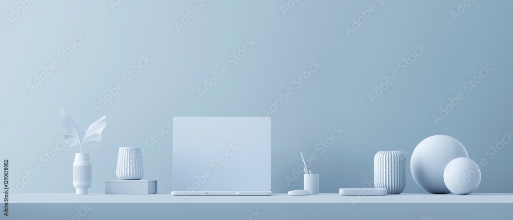 Poster minimalistic desk setup with a light blue background. on the left side of the desk, there is a white