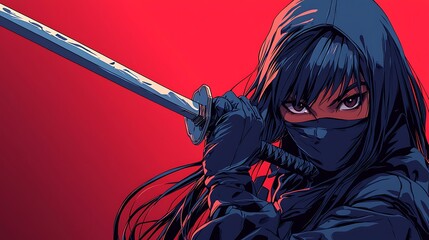 Female Ninja with Katana, Crimson Background.