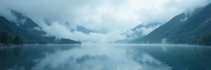 Fototapeta premium Silent lake shrouded in swirling mist, mountains loom, atmospheric, moody, mist