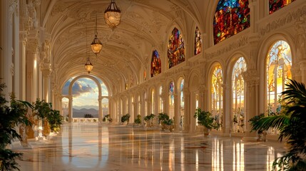 Majestic Hallway  Grand Architecture  Stained Glass  Sunset View