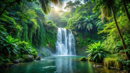 waterfall in dense jungle foliage, natural wonder, hidden water feature,  natural wonder, hidden water feature