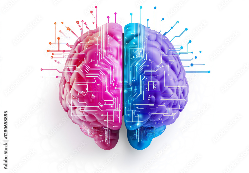 Poster 3d render of a half brain with circuit and colorful digital elements on a white background,