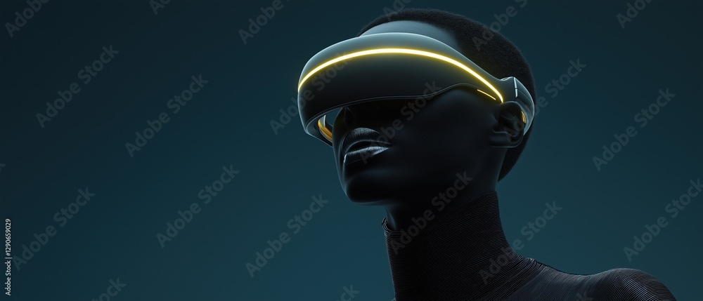 Poster close-up of a man's face and upper body. he is wearing a futuristic-looking helmet with a yellow lig