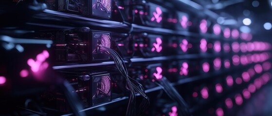 Row of computer servers in a server room. the servers are arranged in a neat and orderly manner, with rows of them facing towards the right side of the image.