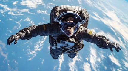 Chimpanzee Astronaut Spacewalk Earth View Funny Animal in Space Suit